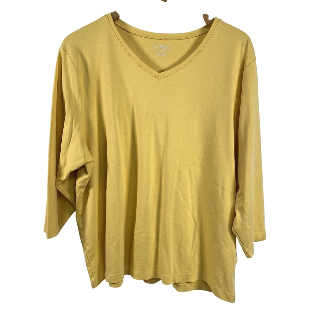 LL Bean Shirt Womens 2X Plus Yellow V Neck Long Sleeve 100% Cotton Casual Top